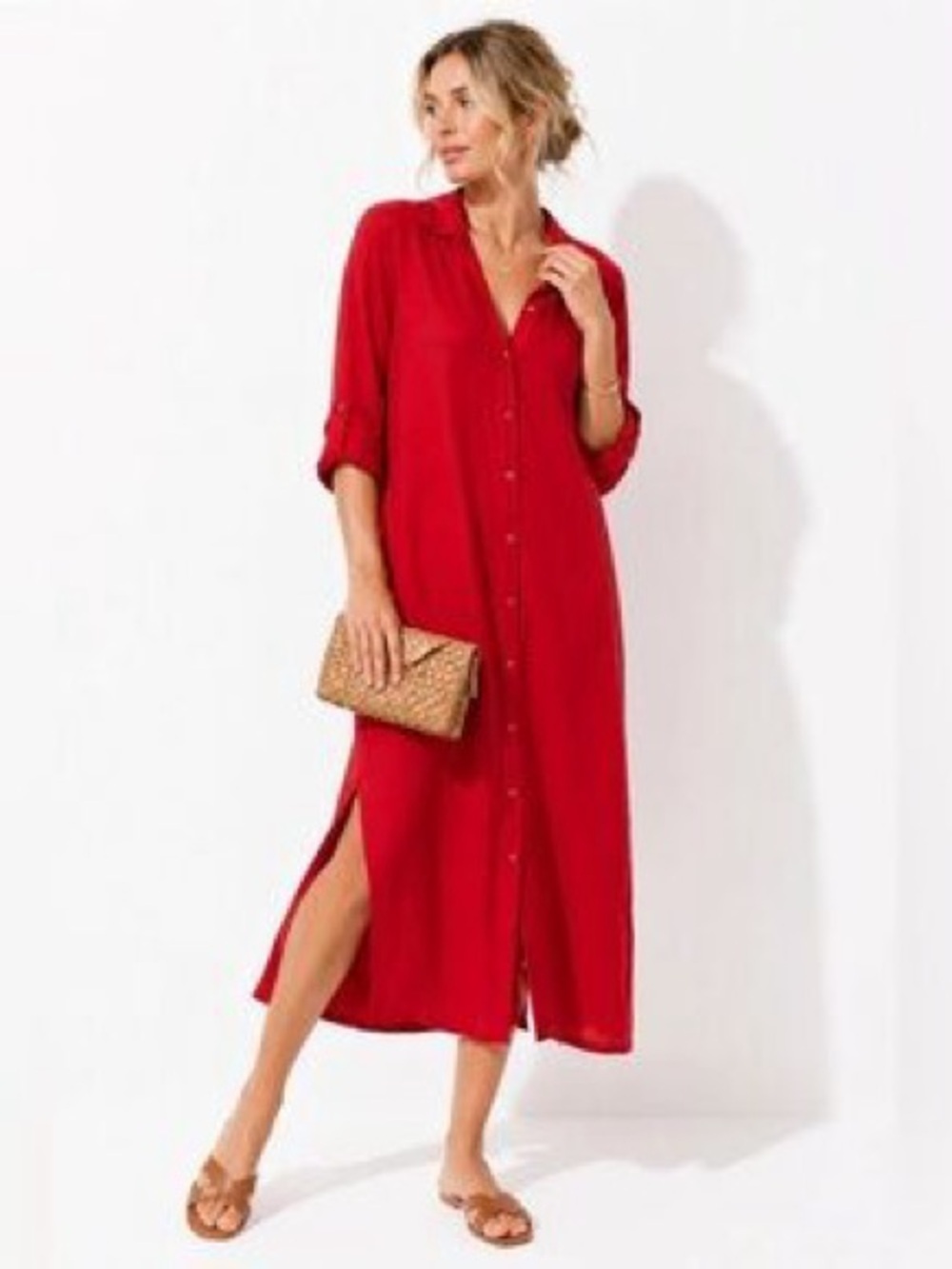 Haute Hippie Red Button-Front Maxi Shirt Dress— Size Medium